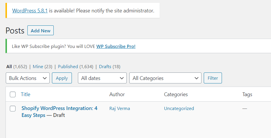 Shopify WordPress: WordPress Dashboard